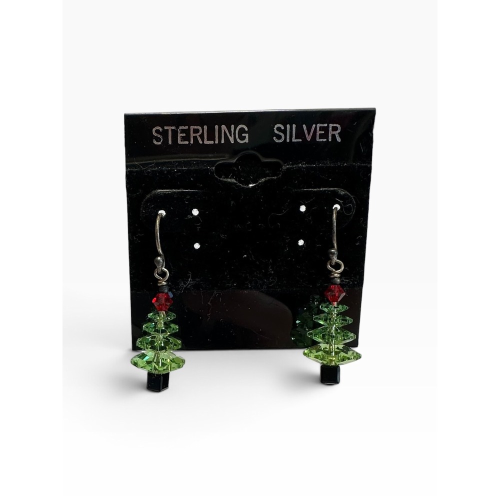Sterling Silver Christmas Tree Crystal Earrings Green Red 925 Dangle